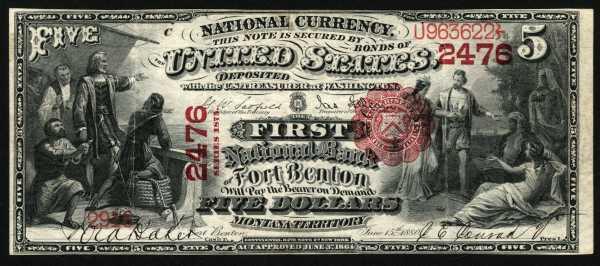 This Fort Benton (Montana Territory) $5 First National Bank banknote from 1875, graded VF+, will be auctioned June 19-21 (est.  $12,500-$20,000).