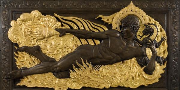 Paul Manship, Fire (from The Four Elements), commissioned in 1914, installed 1921 in the American Telephone and Telegraph Building, 195 Broadway, New York (designed by Wm Welles Bosworth).  Parcel-gilt bronze relief.  Courtesy of Gerald Peters Gallery.  Private collection.  © Estate of Paul Manship