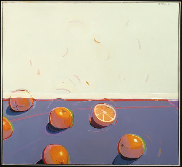 Raimonds Staprans, Four Windswept Oversize Oranges, 2000.  Oil on canvas, 44 x 48 inches.  The Glass Family Collection