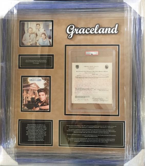 The custom-framed 1957 contract signed by Elvis Presley and his parents for the purchase of the home in Memphis that became known as Graceland sold for $114,660 in an online auction.