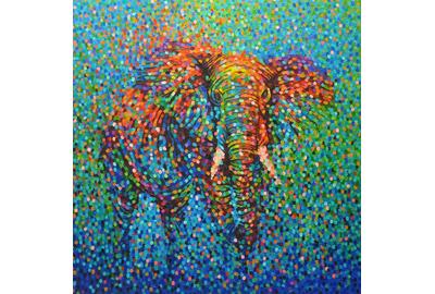 Francis Annan Affotey, Polychromatic Elephant (framed work), Acrylic on Canvas, 48''x 48''