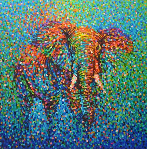 Francis Annan Affotey, Polychromatic Elephant (framed work), Acrylic on Canvas, 48''x 48''