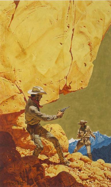 Oil on board gunfight painting by Frank McCarthy (1924-2002), 20 inches by 12 inches (sight, less frame), used as an illustration for the book Sangre en la Colina.  Estimate: $4,000-$6,000.