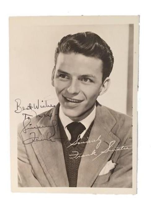 Original and authentic black and white publicity still of Frank Sinatra from the 1930s or ‘40s, signed “Best Wishes to Max, Sincerely, Frank” (est.  $1,000-$3,000).  