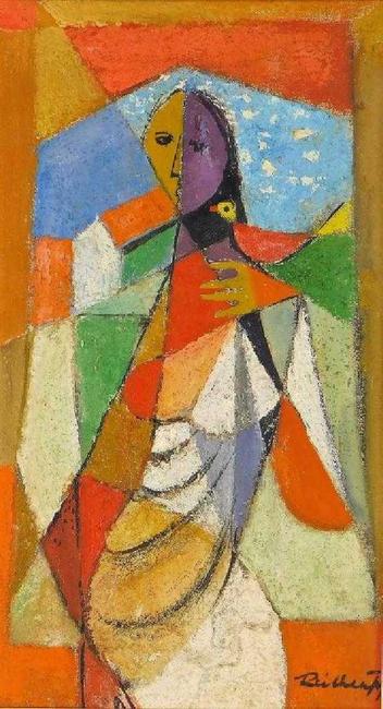 Cubist painting by the Russian Federation artist Frantisek Reichenthal (Slovakian-American, 1895-1971), of a woman holding a bird in a vibrant color palette (est.  $3,000-$5,000).