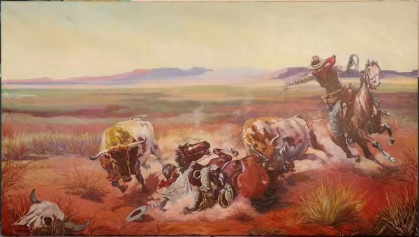 Original painting by Nevada gaming artist Franz Trevors (American, 1907-1980), commissioned by Felix Turrillas, Jr., signed and dated 1944, of cowboys roping steer (est.  $10,000-$15,000).