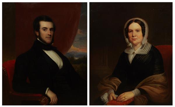 Two oil on canvas portraits attributed to Frederic R.  Spencer (N.Y., 1806-1875), titled Portrait of a Gentleman in an Armchair and Portrait of a Woman in a Lace Scarf (est.  $2,000-$4,000).