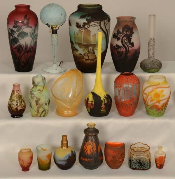 Beautiful examples of French cameo art glass like these will be sold without reserve May 29.