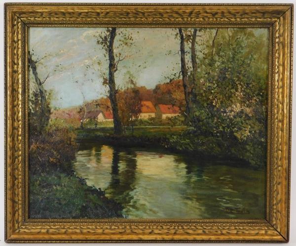 Reflective Impressionist painting by Frits Thaulow (1847-1906), signed lower right, depicting a tranquil river with forest embankments and a cluster of farm buildings (est.  $6,000-$9,000).  