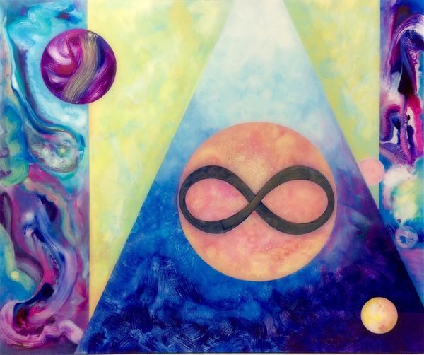 Copyright R.  Wayne Reynolds, Infinity Calming Down, 2015 Reverse Painted in Acrylic and Gold Leaf on Acrylic Sheet, 40 x 48 in 