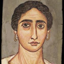 Portrait of a woman, Egypt, probably from Philadelphia (near er-Rubayat), second half 2nd century CE.  Support: native Egyptian sycamore fig (Ficus sycomorus), willow wood (Salix species); binder: animal glue; pigments: bassanite, anhydrite, alunite, red and yellow ochres, bone black, carbon black, madder lake, red lead.  Harvard Art Museums/Arthur M.  Sackler Museum, Gift of Mrs.  John D.  Rockefeller, Jr., 1939.111.