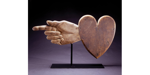 Ezra Ames and Bela Dexter; Heart and hand weathervane; Chelsea, Massachusetts, 1839.  Carved white pine with original paint, 21 x 39 in.  Private collection.  Photograph courtesy David A.  Schorsch and Eileen M.  Smiles, Woodbury, CT.