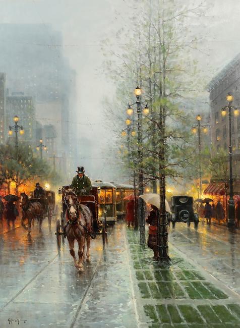 Oil on canvas painting by G.  (Gerald Harvey Jones) Harvey (American, 1933-2017), titled Carriages on Canal Street, New Orleans, 40 inches by 30 inches.