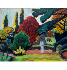 Two paintings by Gabriele Münter (German, 1877-1962) will be sold, including this gorgeous oil on board titled Dame im Park, Mariahalde (est.  $150,000-$250,000).