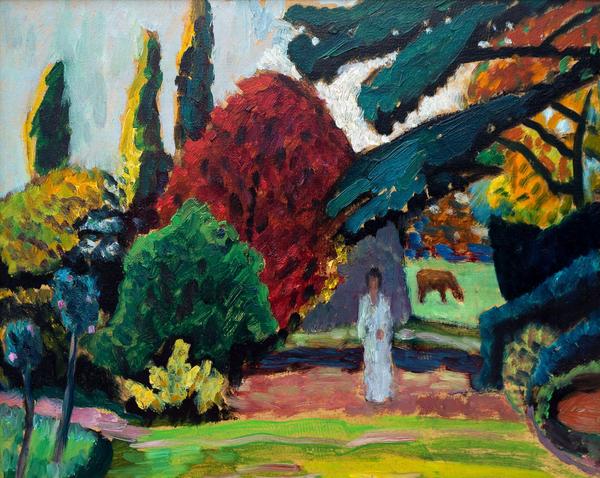 Two paintings by Gabriele Münter (German, 1877-1962) will be sold, including this gorgeous oil on board titled Dame im Park, Mariahalde (est.  $150,000-$250,000).