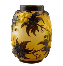 Circa 1900 Galle Clematis vase, 9 ¾ inches tall and signed on the side in cameo “Galle”, a strong candidate for top lot of the auction, with an estimate of $6,000-$9,000.  