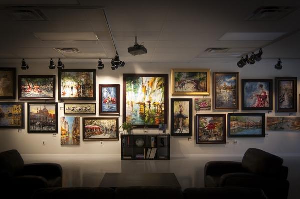 The front wall in Baterbys' main gallery is a riot of color and a cavalcade of wonderful artworks.  All may be bid on and purchased.