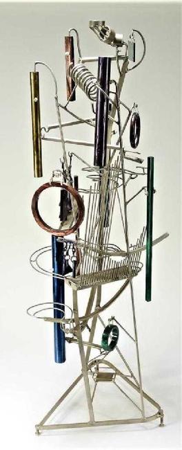 Audio-kinetic ball machine sculpture by George Rhoads (American, b.  1926), having 12 striking wind chimes within a xylophone-like midsection (est.  $3,000-$5,000).