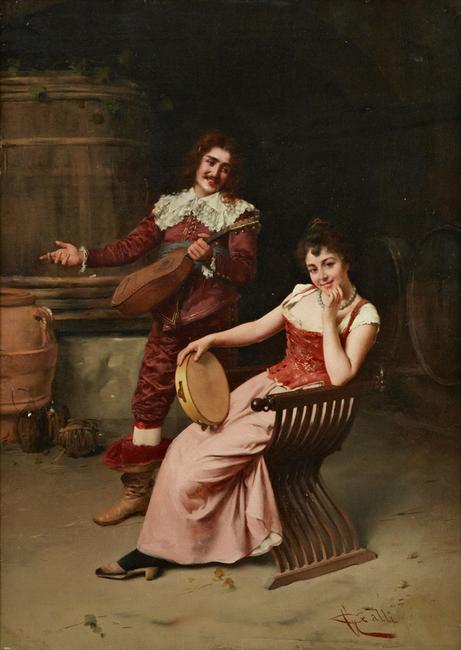 This oil on board painting by Giuseppe Galli, titled A Musical Couple, is expected to sell for $3,000-$5,000.