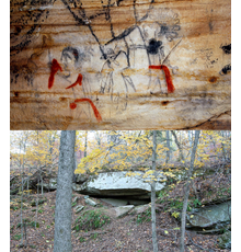 One of 290+ prehistoric glyphs on the cave walls of Picture Cave.  This example shows Anthropomorphs with red sashes and accents and a Cave entrance.