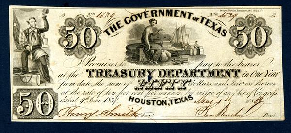 This is one of 10 different Government of Texas and Republic of Texas obsolete banknotes in the May 7 auction.