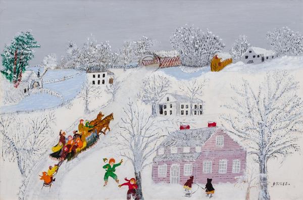 Grandma Moses - Over the Bridge depicting children playing in the winter and riding a sled over a covered bridge