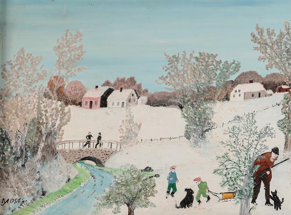 Oil on Masonite painting by Anna Mary Robertson (Grandma) Moses (American, 1860-1961), titled The Bridge (1958), 12 inches by 16 inches (est.  $20,000-$30,000).  Copyright reserved to Grandma Moses Properties Co.