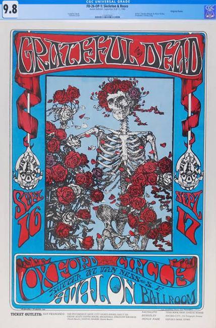 This museum quality specimen of the legendary Grateful Dead Skeleton and Roses FD-26 concert poster is the expected star lot in an online auction hosted by Psychedelic Art Exchange.  