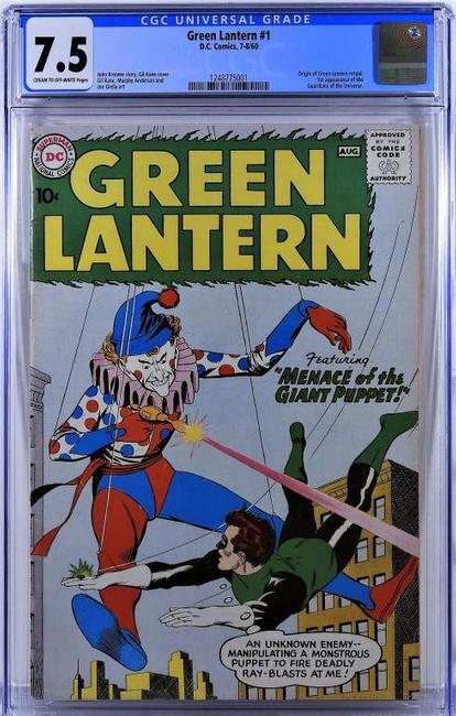 Copy of DC Comics’ Green Lantern #1, from July-August 1960, recounting the origin of Green Lantern, graded CGC 7.5 out of 10 for condition ($2,375).