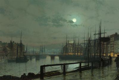 The ethereal light of the moon cast a glow upon this nocturnal dock scene painted by Grimshaw in 1883 entitled "Whitby"