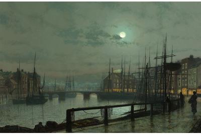 The ethereal light of the moon cast a glow upon this nocturnal dock scene painted by Grimshaw in 1883 entitled "Whitby"