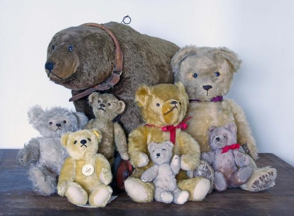 A massive single-owner lifetime collection of toy bears, to include these shown, will be sold at auction Sept.  19th in Woodstock Valley, Conn., at 12 noon.