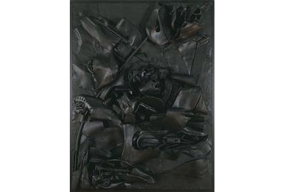 Nancy Grossman (b.1940), Black Lavascape, 1994-95, mixed media assemblage, 48 1/2" x 36 1/4" x 6", signed and dated