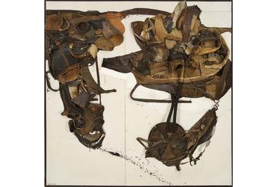 Nancy Grossman (b.1940), For David Smith, 1965, leather, metal, rubber, fabric and paint assemblage, 85" x 85" x 4 3/4", signed and dated