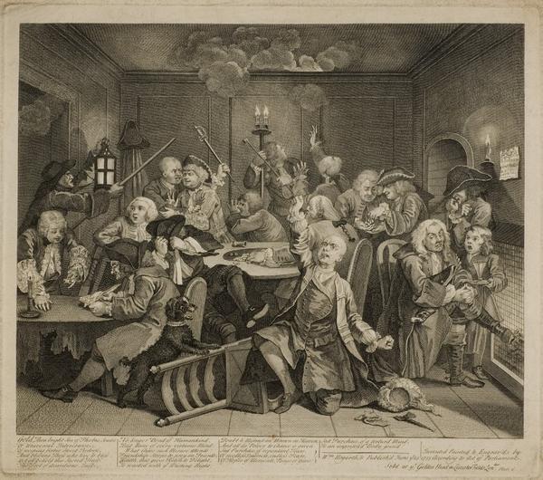 William Hogarth (English, 1697-1764).  The Rake’s Ruin at the Gaming Table from A Rake’s Progress, c.  1765.  Original copperplate engraving, 20 ¼ x 22 ¼ in.  Private collection