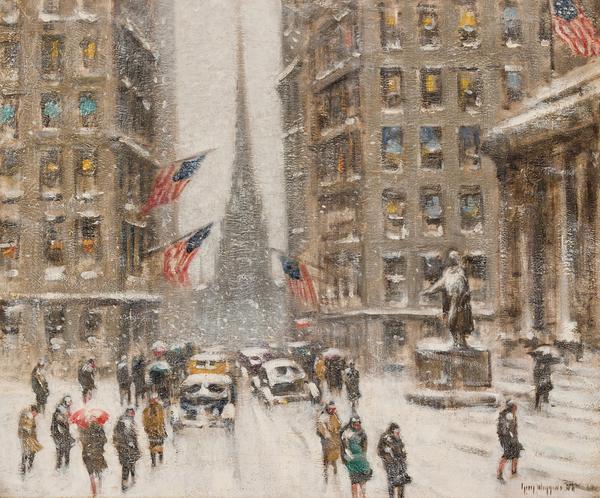 Two exemplary New York snow scenes by Guy Carleton Wiggins, including this one shown, will be sold April 28th in Milford, Connecticut.