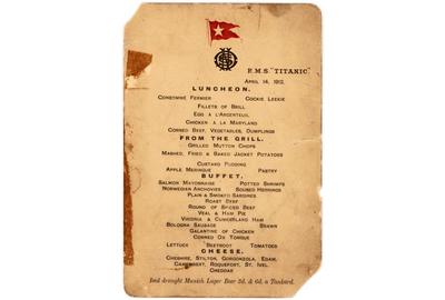 This extremely rare original menu from the last luncheon served aboard the Titanic is available for online bidding through Invaluable.com.