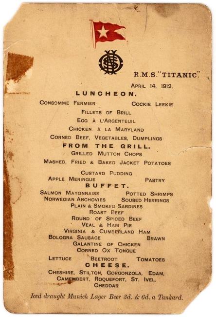 This extremely rare original menu from the last luncheon served aboard the Titanic is available for online bidding through Invaluable.com.