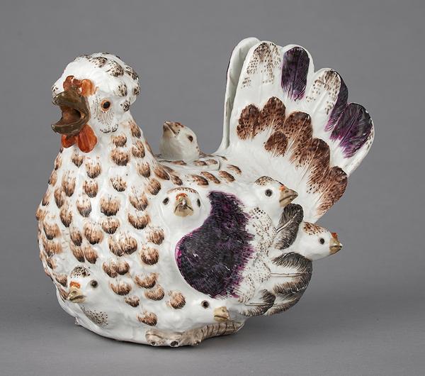 Very rare Meissen teapot and cover in the form of a ten and chicks, modelled by JJ Kaendler, c 1735