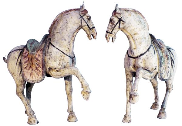 Magnificent matching pair of T'ang horses, Chinese, terracotta, 7-8 century