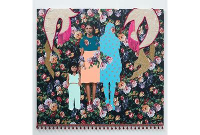 Suchitra Mattai, Herself as another, 2022, Acrylic, gouache, cord, trim, earrings, and family necklace, 66 x 72 in (167.6 x 182.9 cm)