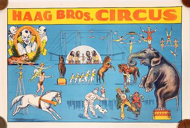 Haag Bros.  Circus advertising poster (date unknown), printed on heavy canvas measuring 29 inches by 44 inches and boasting vibrant colors (estimate: $1,000-$4,000).