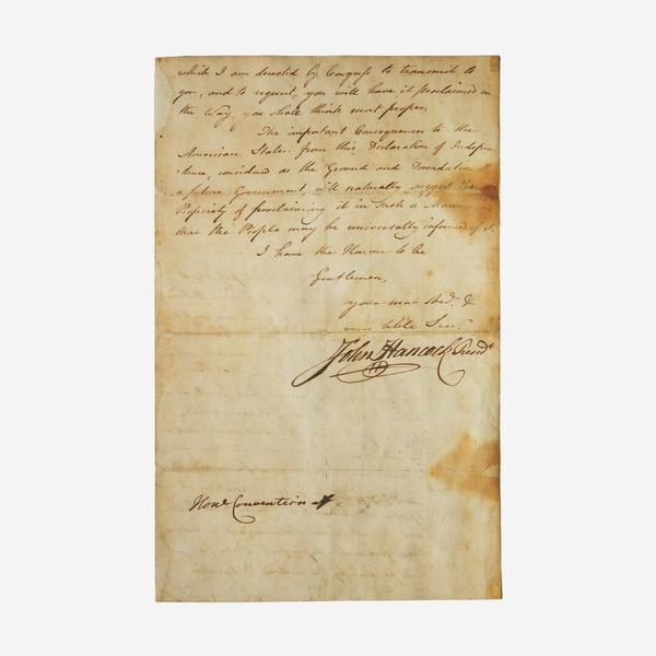 John Hancock’s July 8, 1776 letter to Georgia announcing the Declaration of Independence is being offered in Freeman’s May 4 Books and Manuscripts auction.