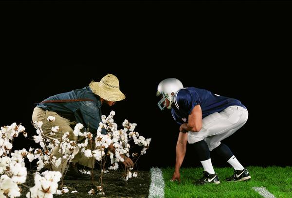 Hank Willis Thomas (American, born 1976).  The Cotton Bowl, from the series Strange Fruit, 2011.  Digital c-print.  50 x 73 inches.  © Hank Willis Thomas, courtesy of the artist and Jack Shainman Gallery, New York.