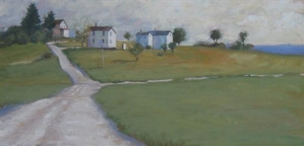 Harold Miller.  Company Houses.  Oil on Linen on Wood.  12"x24"