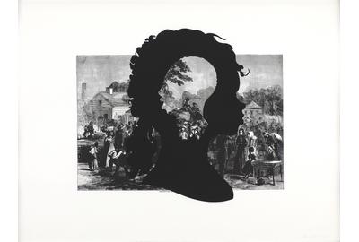 Kara Walker, American, born 1969; Exodus of Confederates from Atlanta, from the portfolio Harper’s Pictorial History of the Civil War (Annotated), 2005; offset lithograph and silkscreen; 39 x 53 inches; Saint Louis Art Museum, Promised gift of Alison and John Ferring © Kara Walker