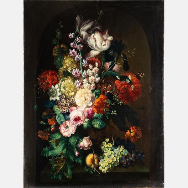 Oil on canvas painting after Margaretha Haverman (Danish, c.  1693-1739), titled Still Life with Flowers, unsigned, after the original in the Museum of Modern Art in New York (est.  $5,000-$7,000).