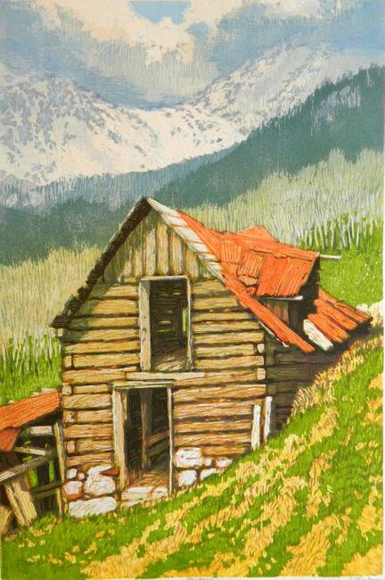 Leon Loughridge "Haybarn," wood block print