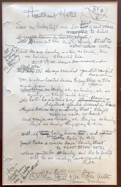 Original handwritten lyrics to the classic 1956 Elvis Presley hit song Heartbreak Hotel, written in 1955 by Mae Boren Axton, a high school teacher, and Tommy Durden, a singer-songwriter.