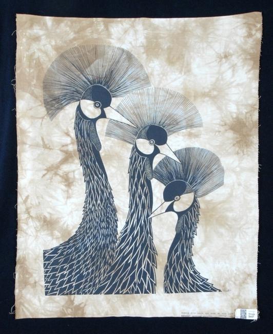 Heidi Lange original batik design and print, 35 inches tall, signed in the margin and titled Crown Birds.